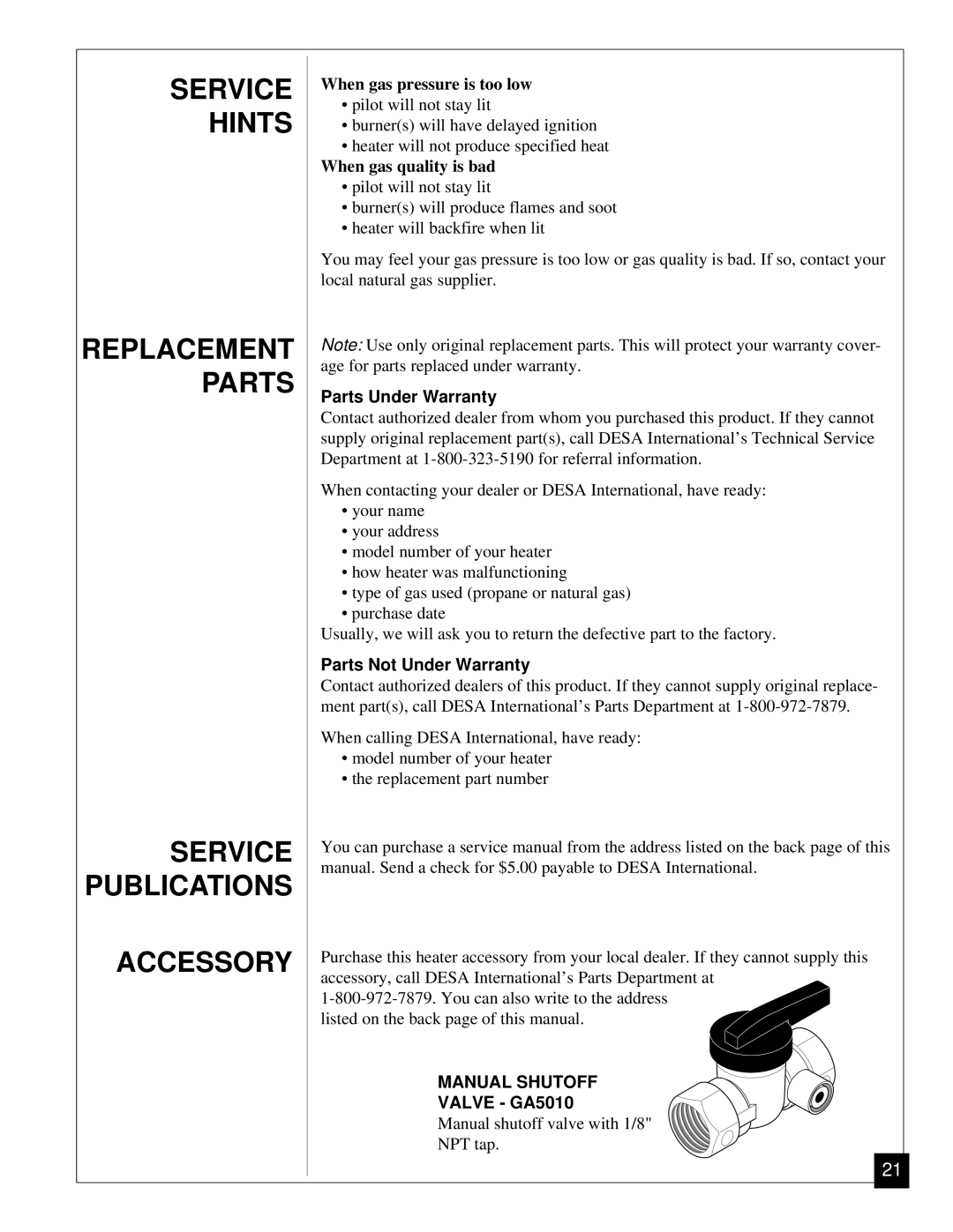 Vanguard Heating VN12, VN6A installation manual Parts Under Warranty, Parts Not Under Warranty, Manual Shutoff, Valve GA5010 