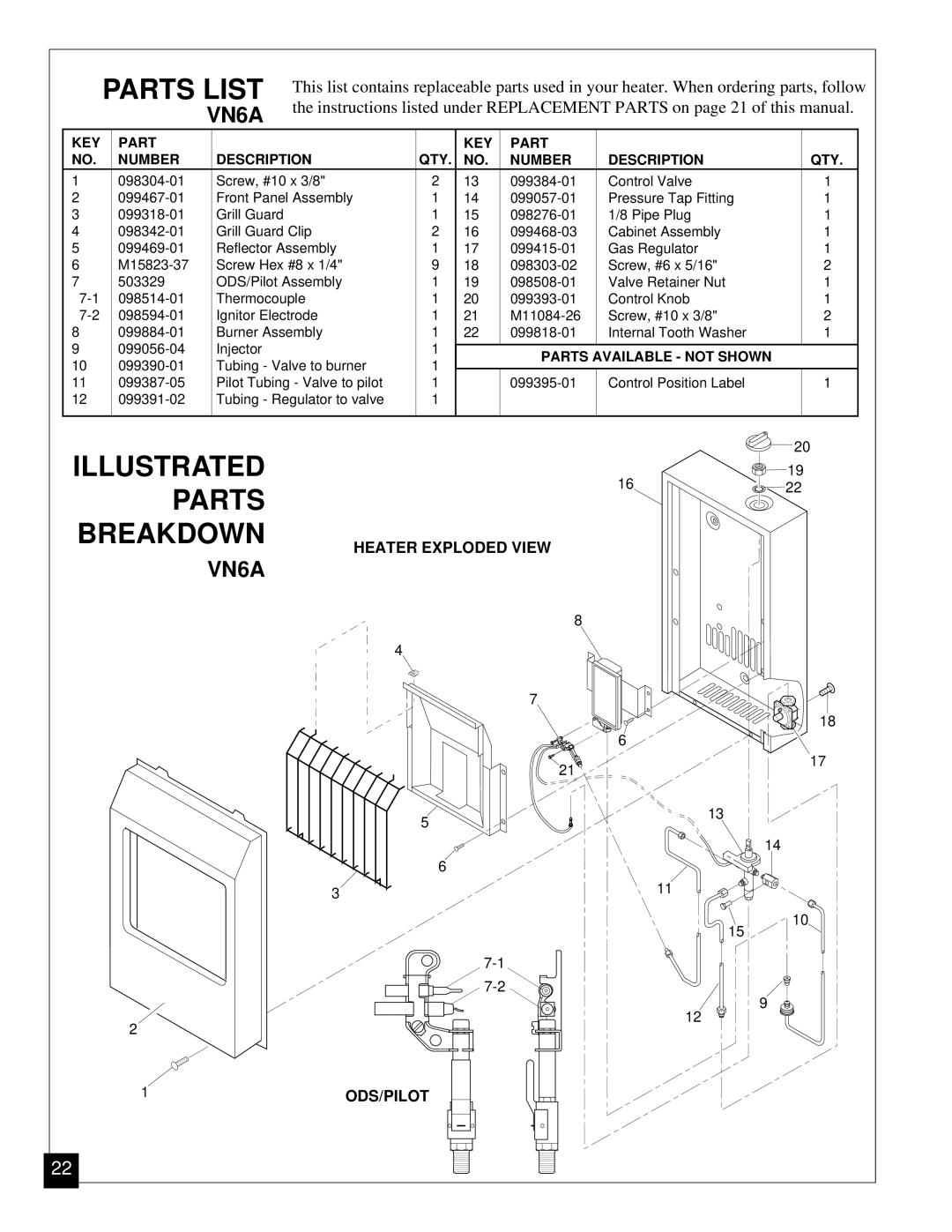 Vanguard Heating VN6A, VN12 installation manual Parts List 