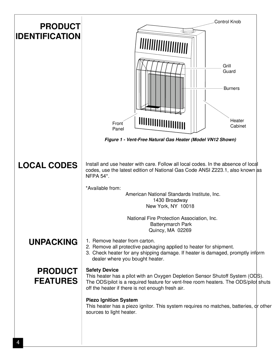 Vanguard Heating VN6A Product Identification, Local Codes Unpacking Product Features, Safety Device, Piezo Ignition System 