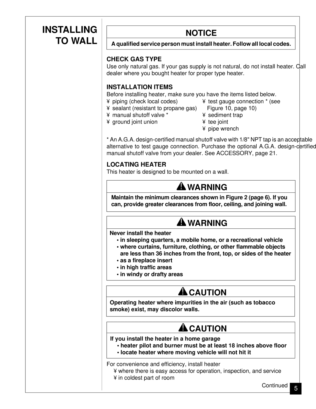 Vanguard Heating VN12, VN6A installation manual Check GAS Type, Installation Items, Locating Heater 