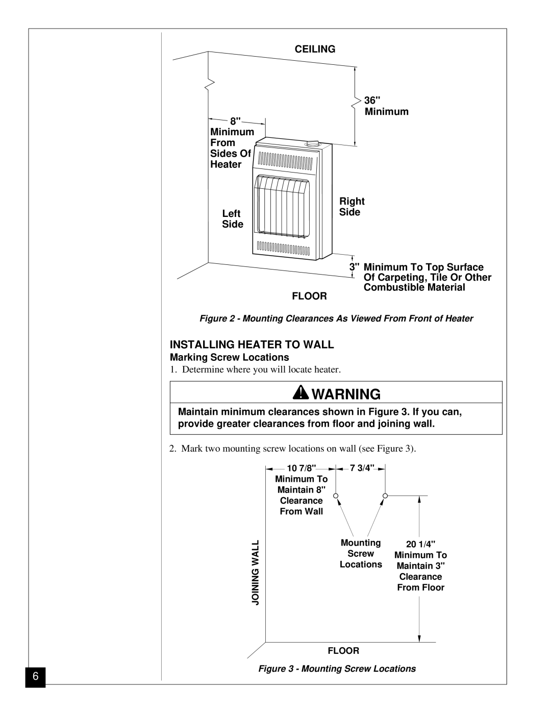 Vanguard Heating VN6A, VN12 installation manual Installing Heater to Wall, Ceiling, Floor, Marking Screw Locations 