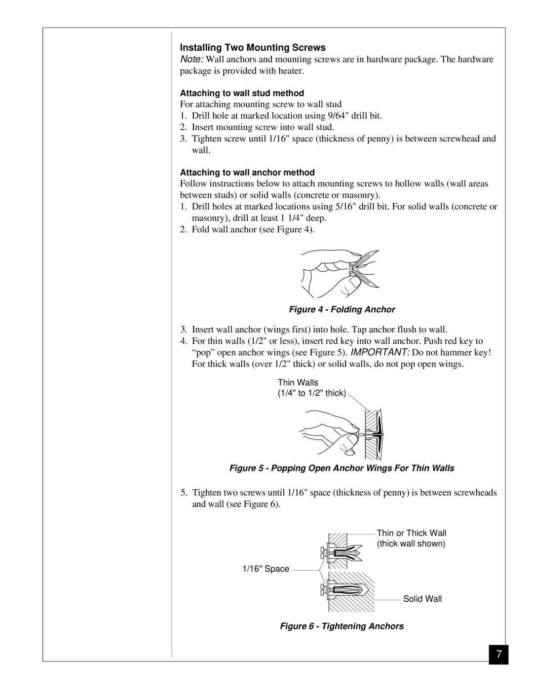 Vanguard Heating VN12, VN6A installation manual Installing Two Mounting Screws, Folding Anchor 