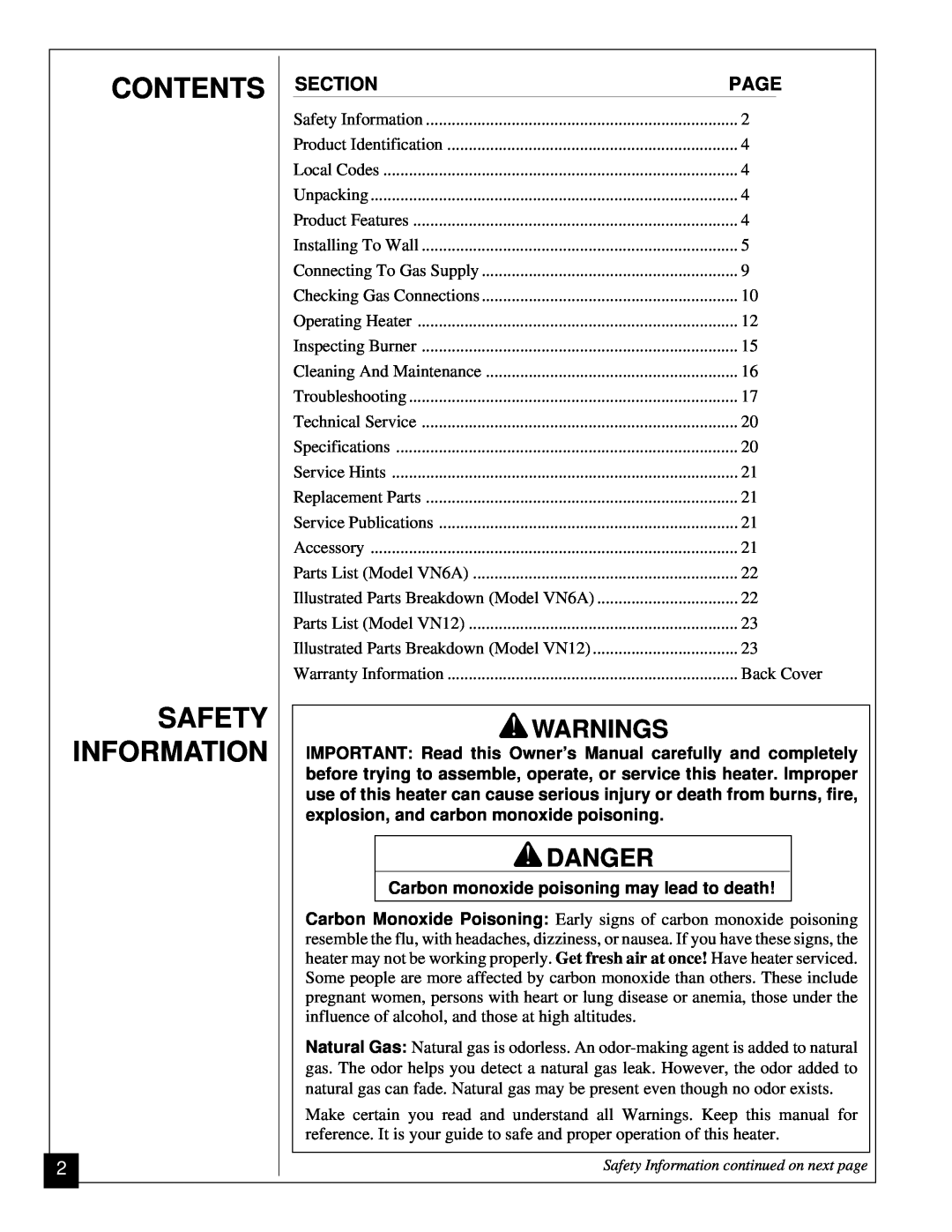 Vanguard Heating VN6A, VN12 installation manual Contents Safety Information, Warnings, Danger 