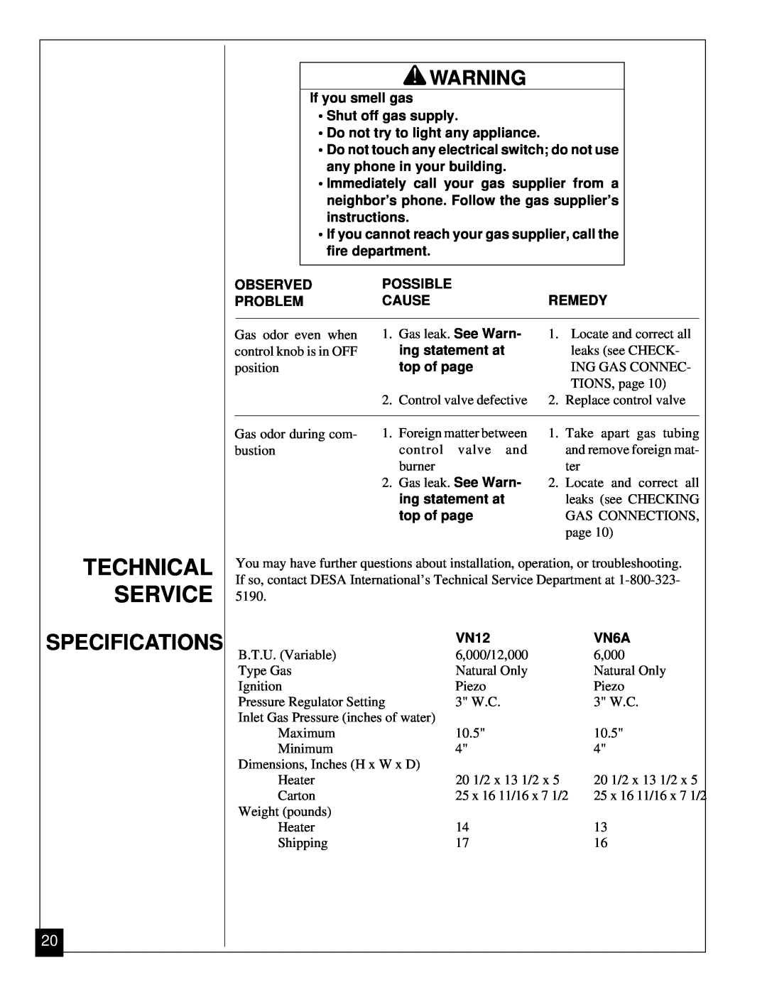 Vanguard Heating VN6A, VN12 installation manual Technical Service, Specifications 