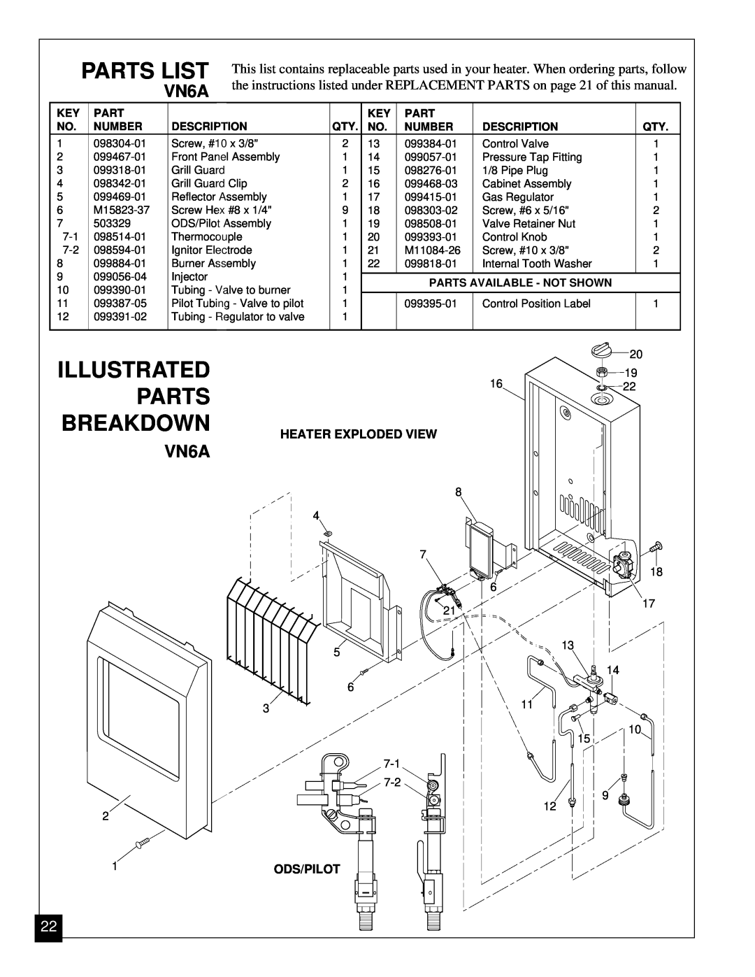 Vanguard Heating VN6A, VN12 installation manual Parts List, Number, Description, Qty. No, Parts Available - Not Shown 