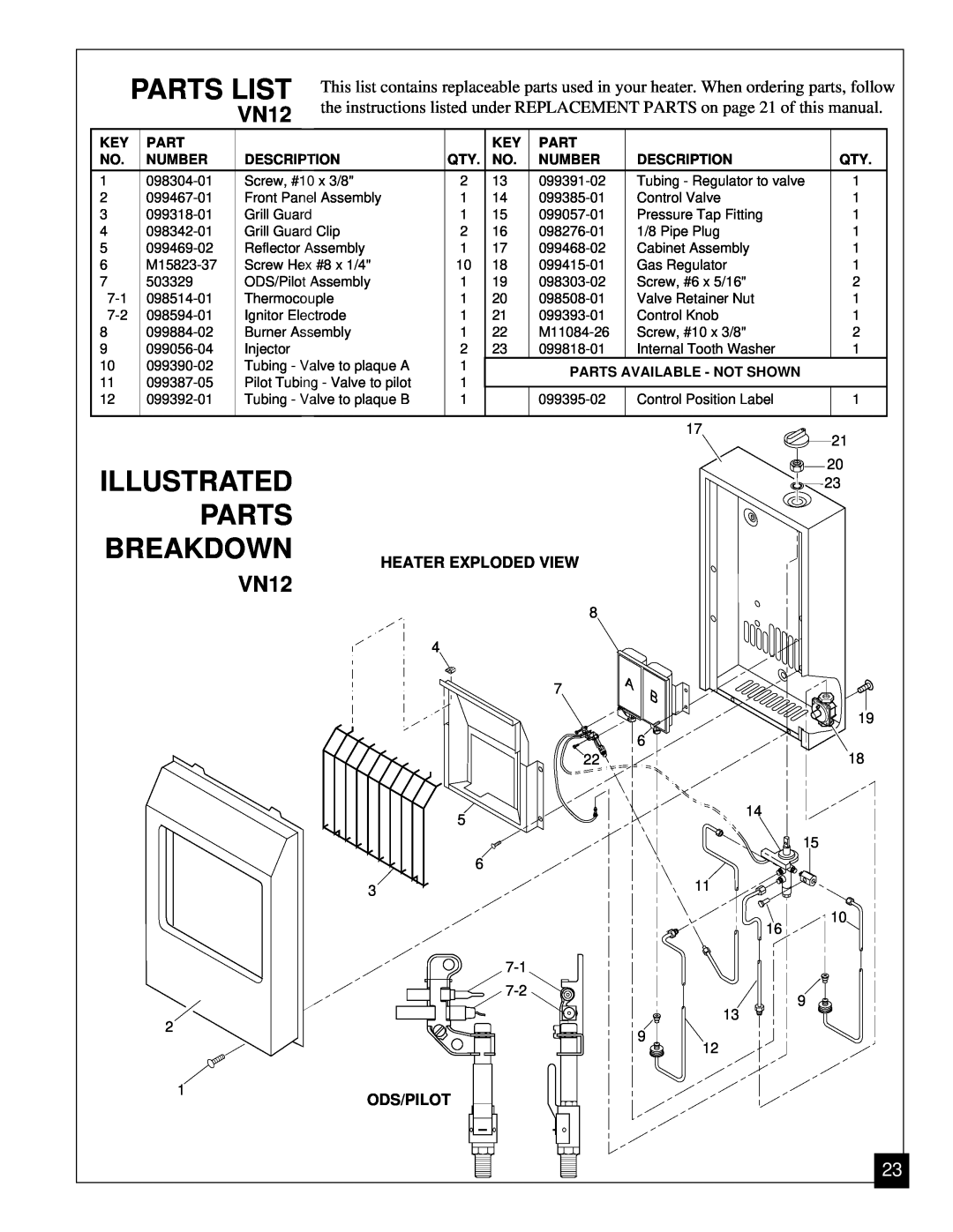 Vanguard Heating VN12, VN6A installation manual Illustrated Parts Breakdown, Parts List 