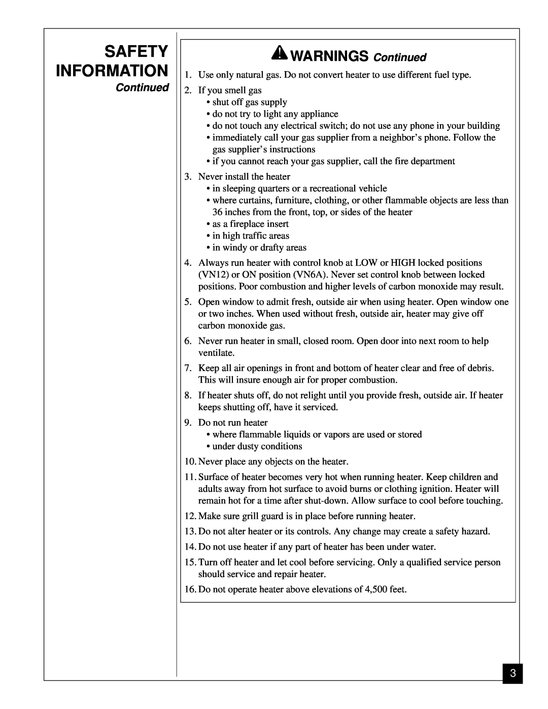 Vanguard Heating VN12, VN6A installation manual Safety Information, WARNINGS Continued 