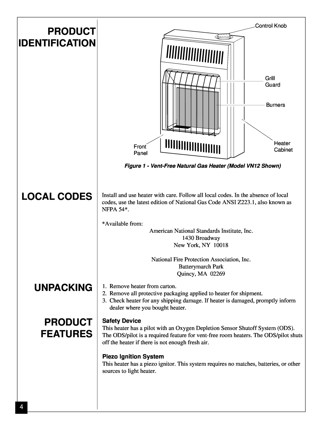Vanguard Heating VN6A Product Identification, Local Codes Unpacking Product Features, Safety Device, Piezo Ignition System 