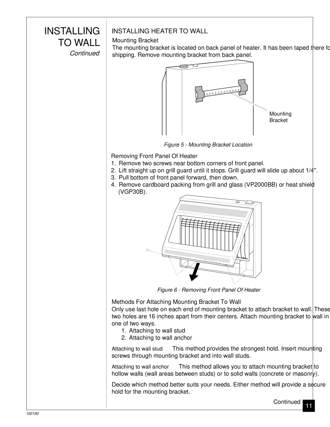 Vanguard Heating VGP30B, VP2000BB Installing Heater to Wall, Mounting Bracket, Removing Front Panel Of Heater 