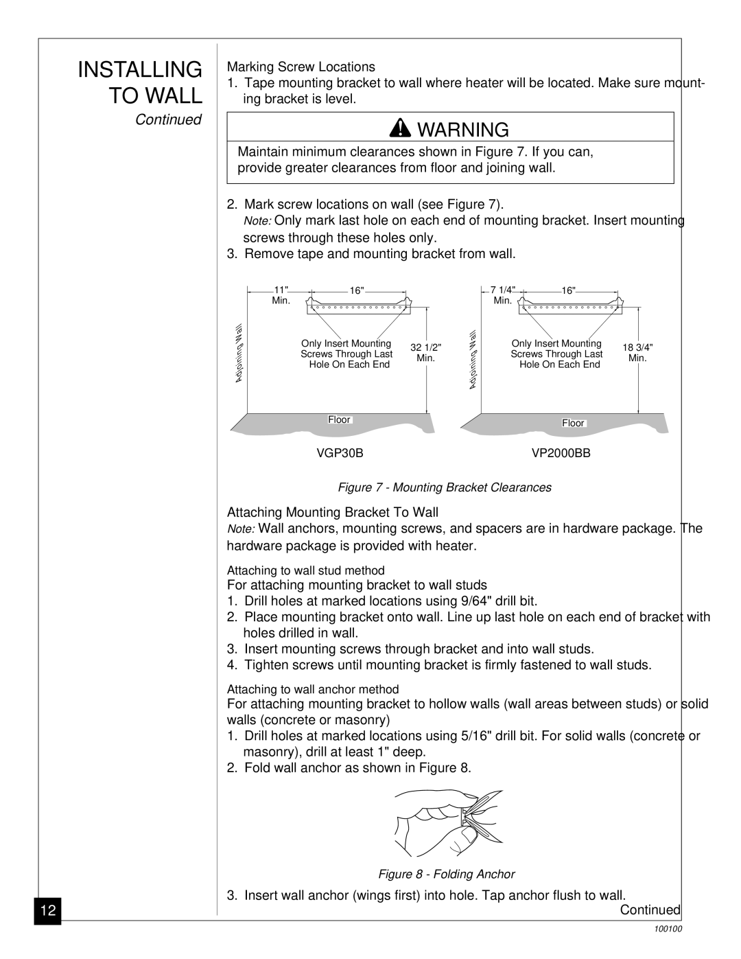 Vanguard Heating VP2000BB, VGP30B installation manual Marking Screw Locations, Attaching Mounting Bracket To Wall 