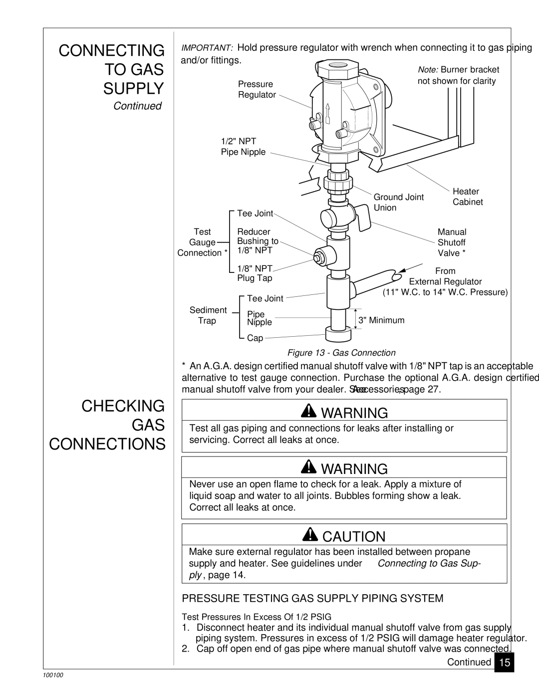 Vanguard Heating VGP30B Connecting, To GAS Supply, Checking GAS Connections, Pressure Testing GAS Supply Piping System 