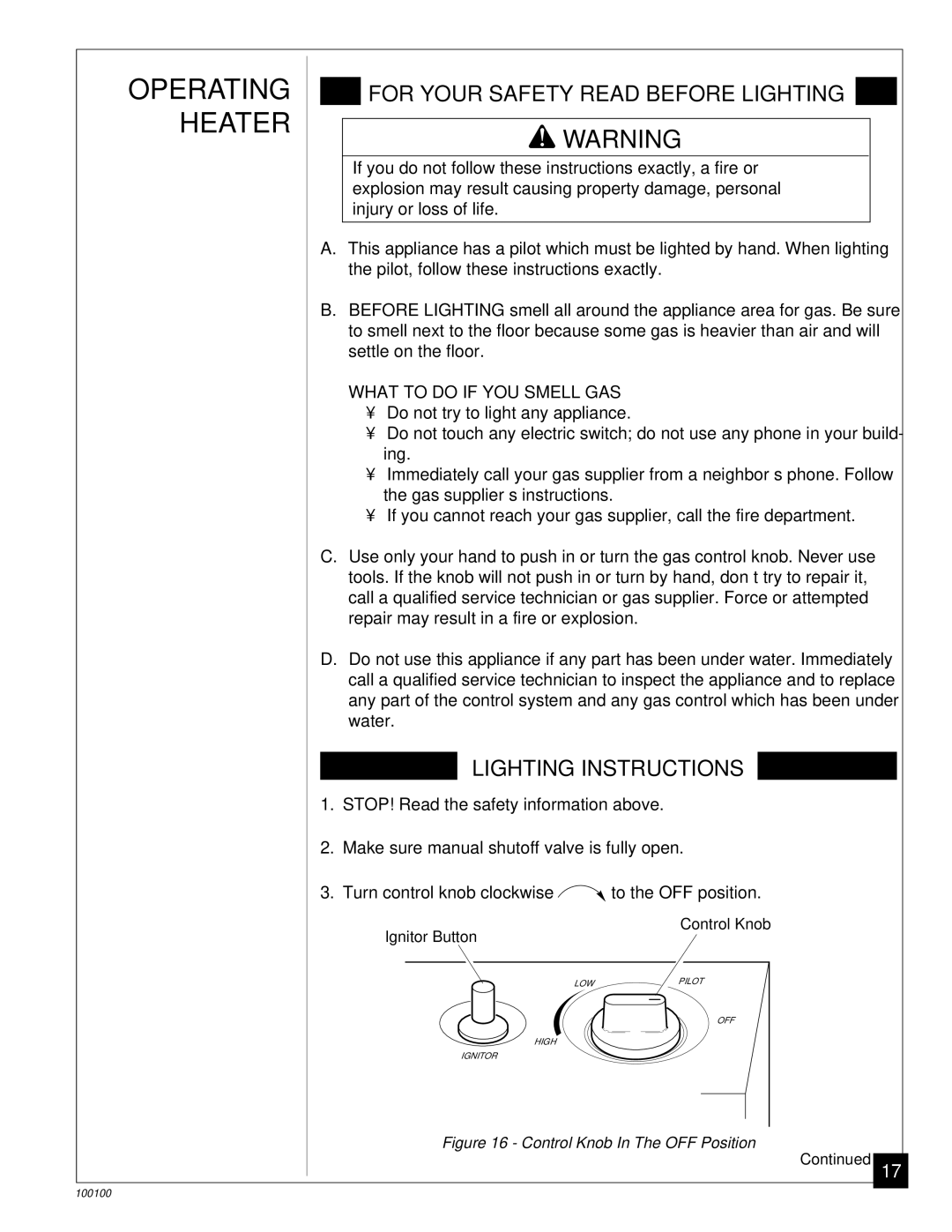 Vanguard Heating VGP30B, VP2000BB installation manual Operating Heater, For Your Safety Read Before Lighting 