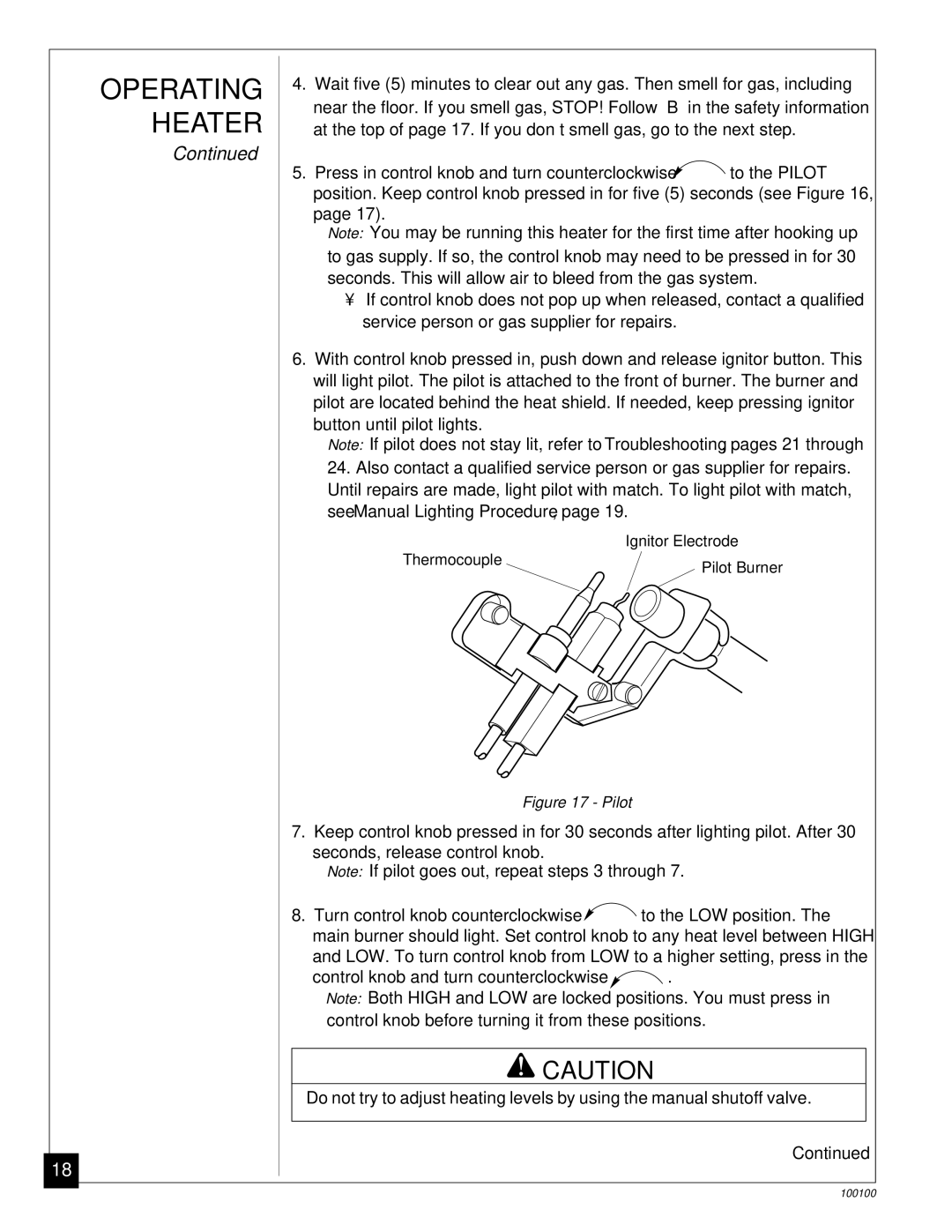 Vanguard Heating VP2000BB, VGP30B installation manual Control knob and turn counterclockwise C-clockwise 