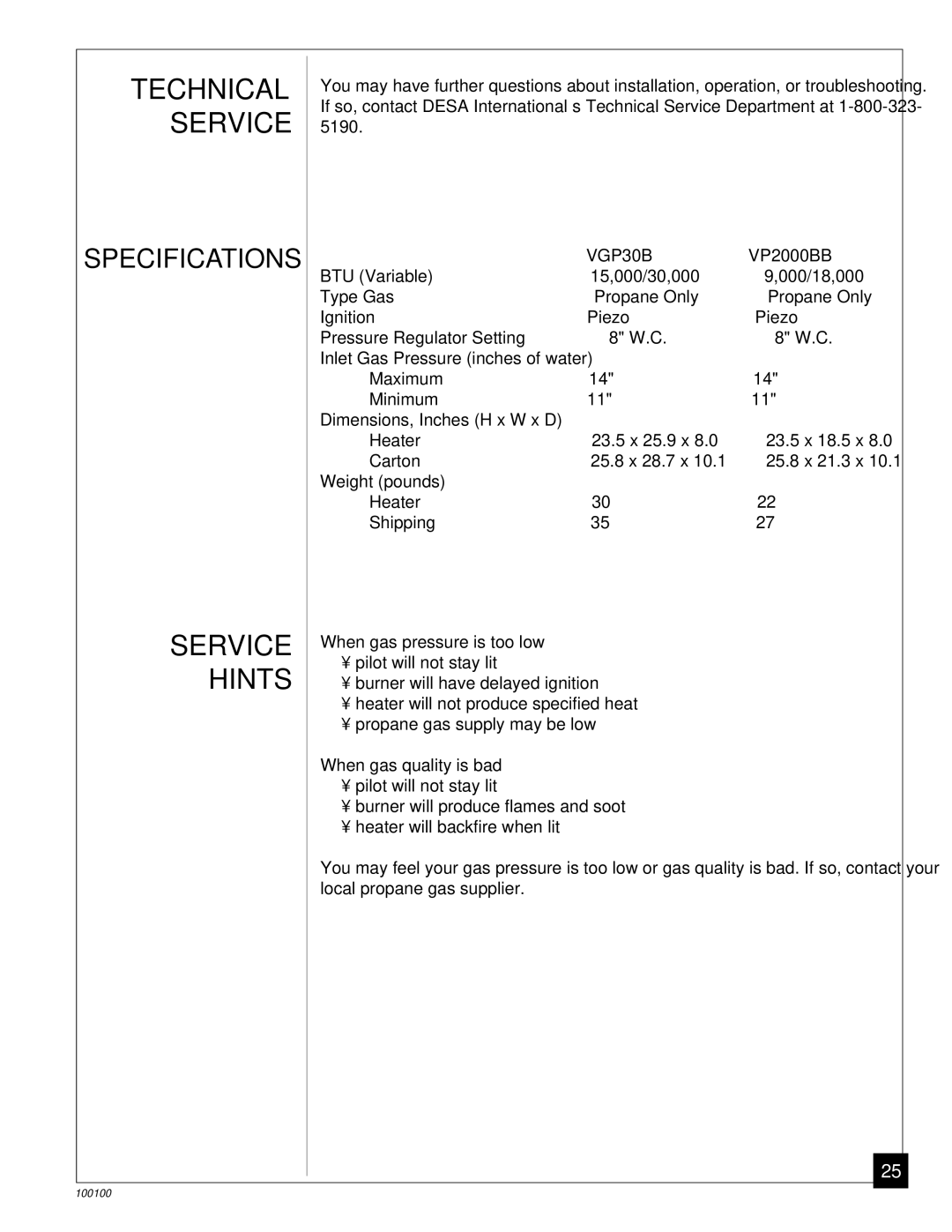 Vanguard Heating VGP30B, VP2000BB installation manual Technical Service, Service Hints 