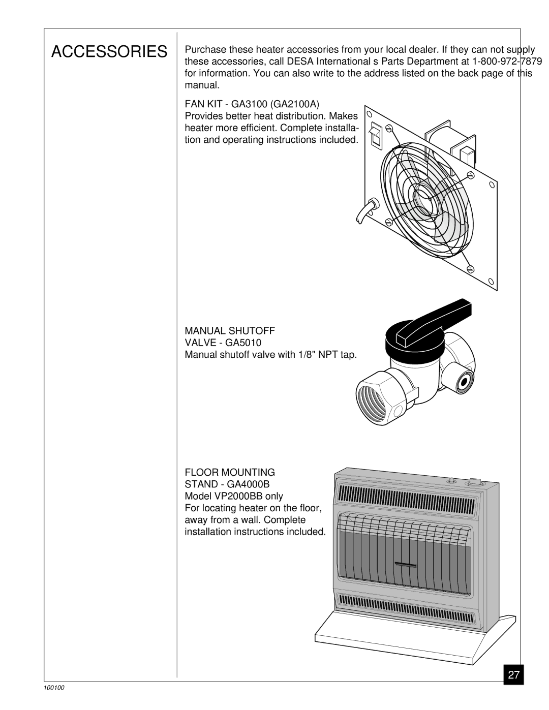 Vanguard Heating VGP30B, VP2000BB installation manual Accessories, Manual Shutoff, Floor Mounting Stand GA4000B 