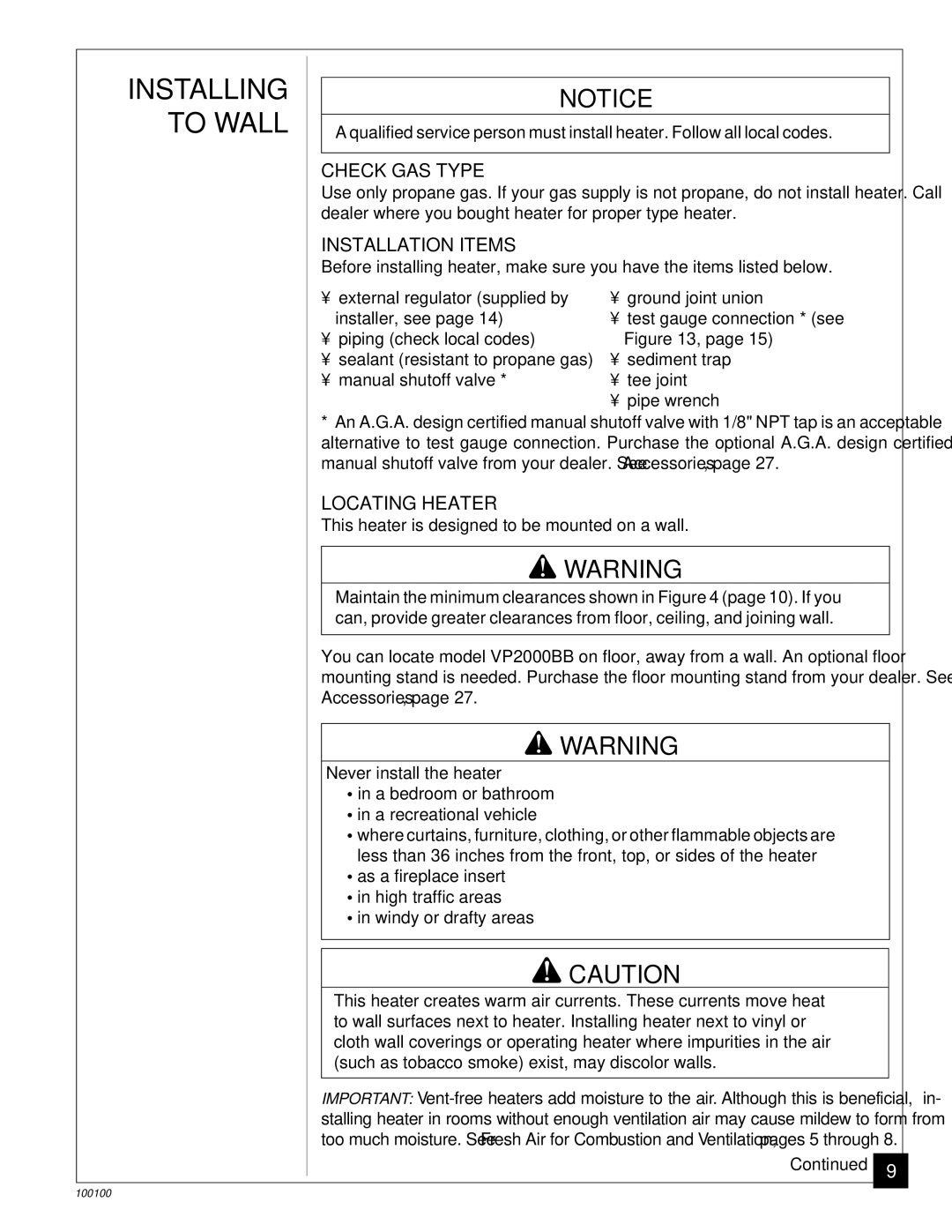 Vanguard Heating VGP30B, VP2000BB installation manual Check GAS Type, Installation Items, Locating Heater 