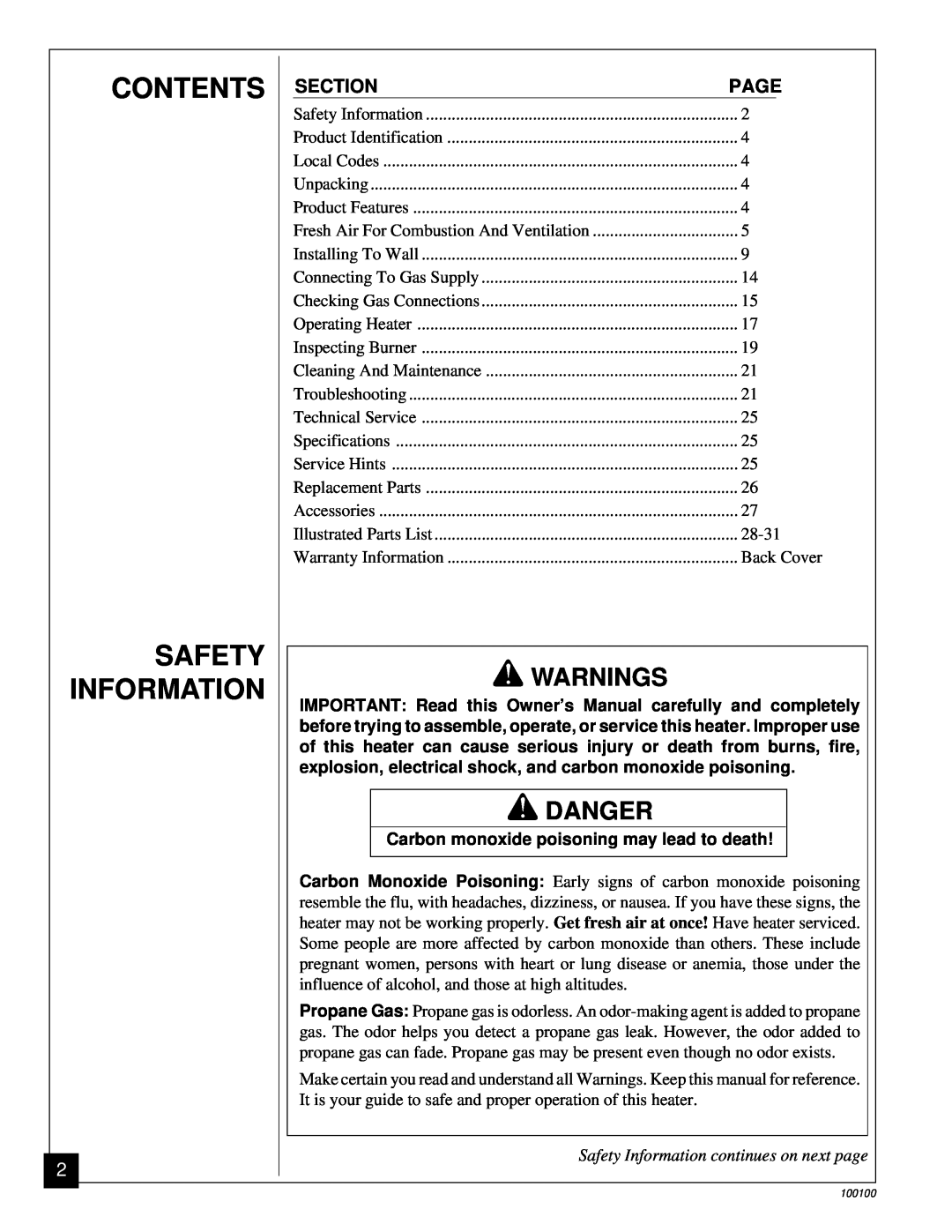 Vanguard Heating VP2000BB, VGP30B Contents Safety Information, Warnings, Danger, Safety Information continues on next page 