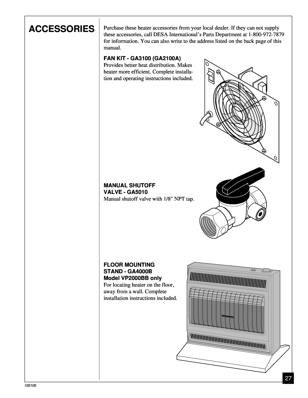 Vanguard Heating VGP30B Accessories, FAN KIT - GA3100 GA2100A, MANUAL SHUTOFF VALVE - GA5010, Model VP2000BB only 