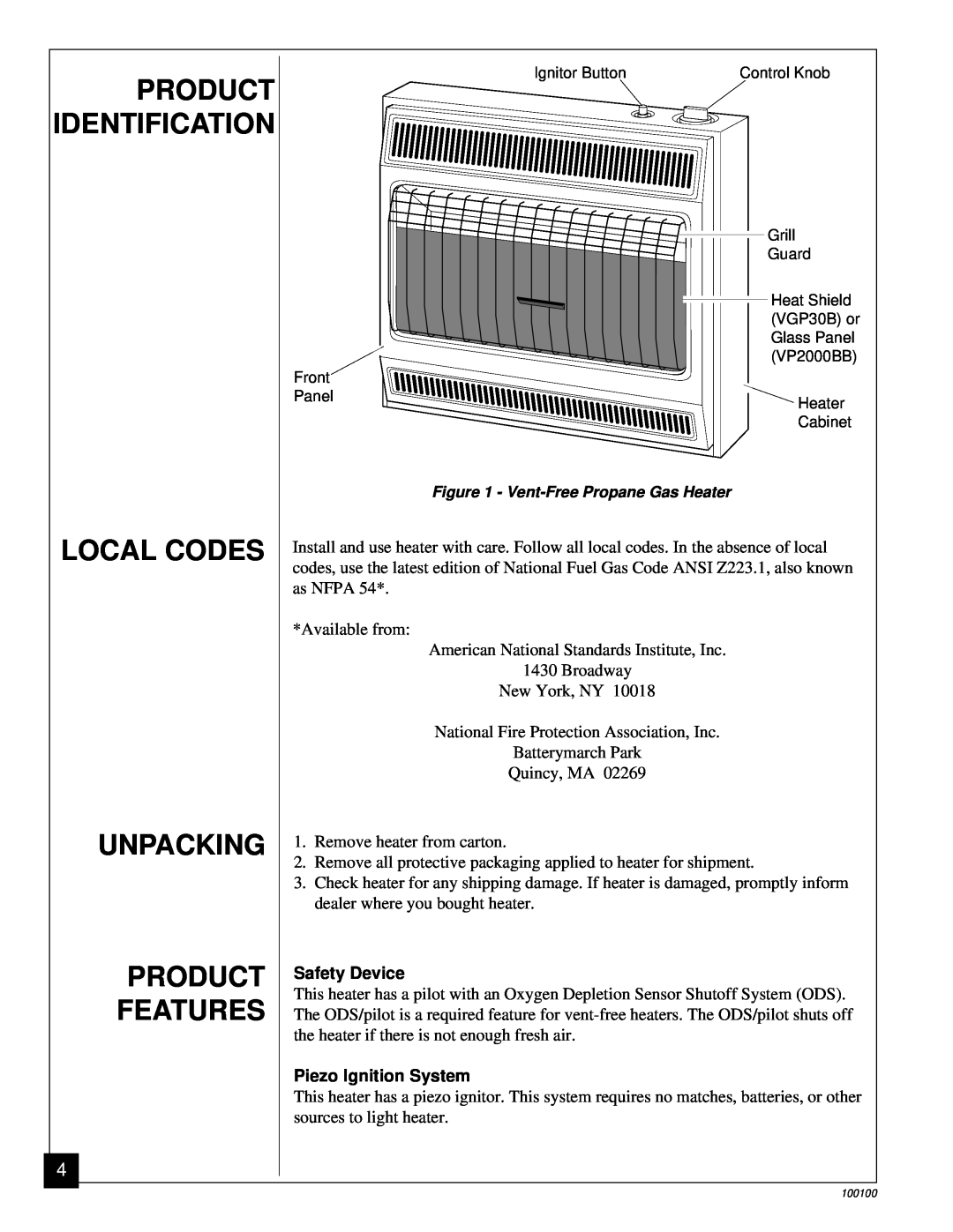 Vanguard Heating VP2000BB, VGP30B Product Identification, Local Codes Unpacking Product Features, Safety Device 
