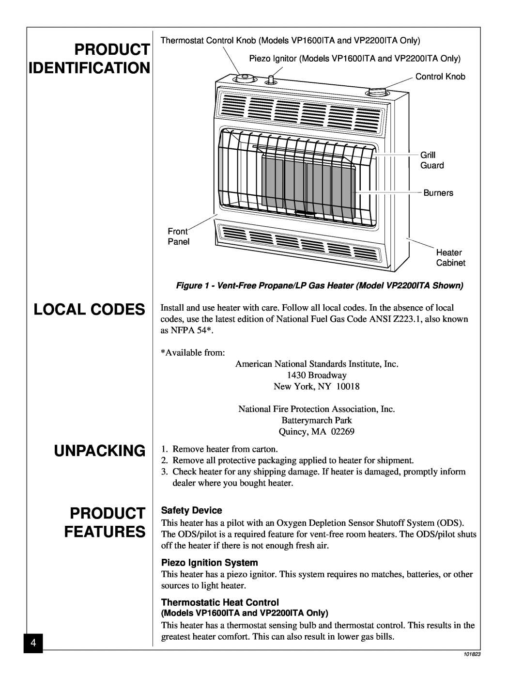 Vanguard Heating VP2600D, VP1600ITA, VP1600D, VP2200ITA Product, Identification, Local Codes, Unpacking, Features 