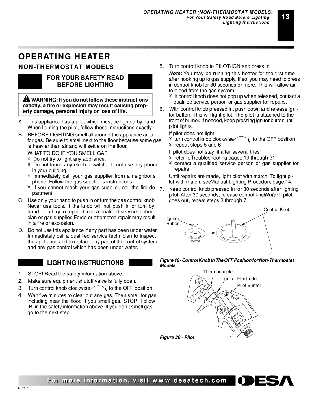 Vanguard Heating VP26 Operating Heater, NON-THERMOSTAT Models For Your Safety Read Before Lighting, Lighting Instructions 