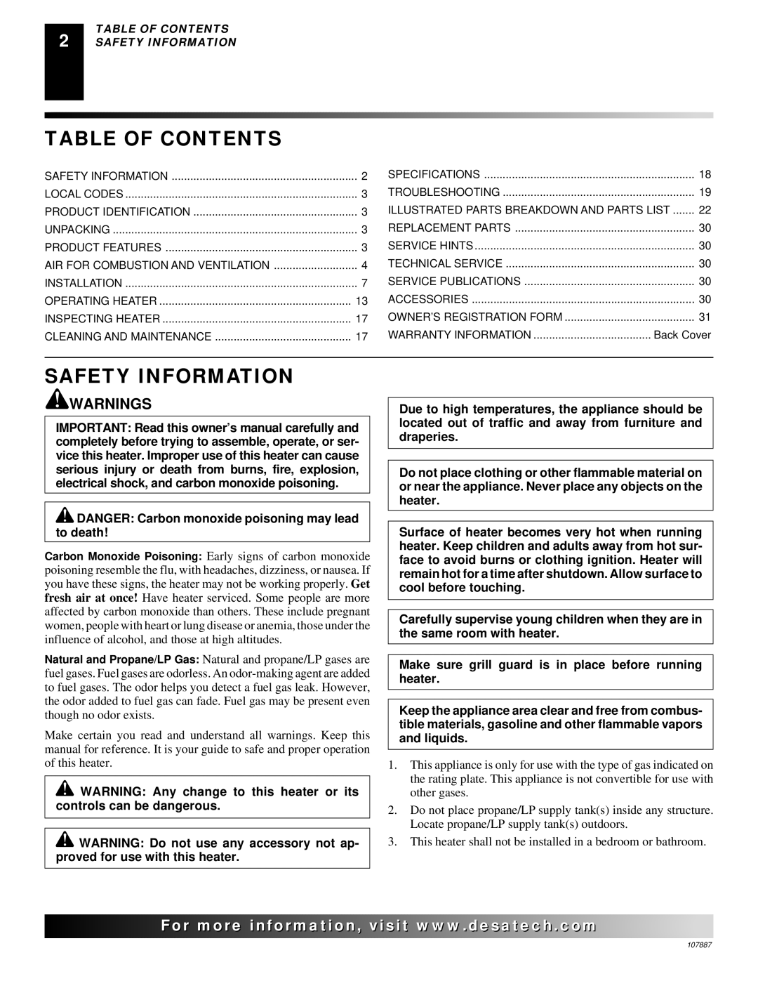 Vanguard Heating VP16T, VP26T, VN30T, VP22IT, VN18T, VN18IT, VP16IT, VN25IT Table of Contents, Safety Information 