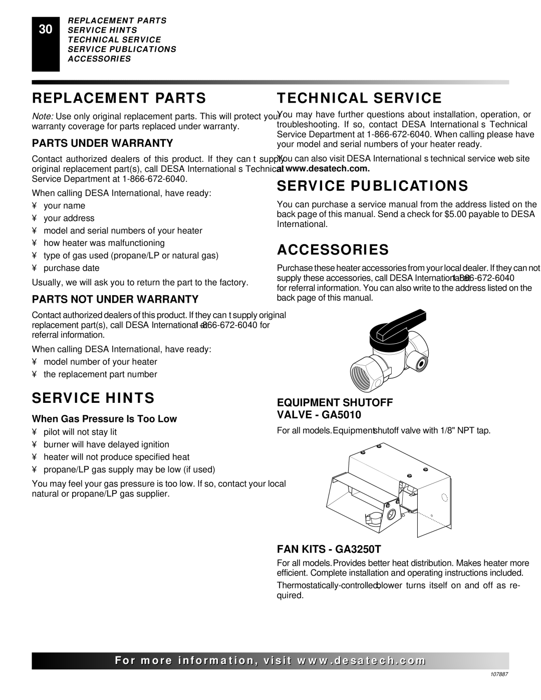 Vanguard Heating VN18T, VP26T, VP16T Replacement Parts, Service Hints, Technical Service, Service Publications Accessories 