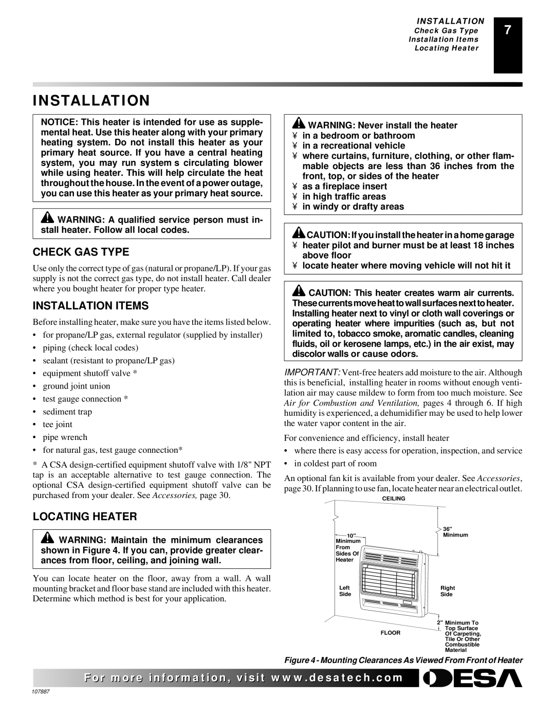 Vanguard Heating VN18IT, VP26T, VP16T, VN30T, VP22IT, VN18T, VP16IT Check GAS Type, Installation Items, Locating Heater 