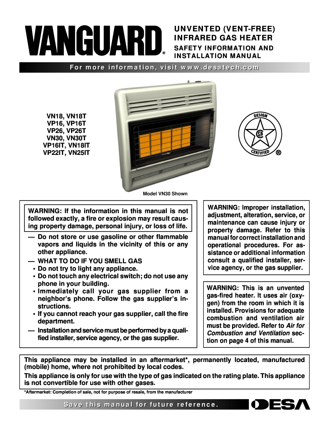 Vanguard Heating VP26T installation manual Safety Information And Installation Manual, VP16IT, VN18IT VP22IT, VN25IT 