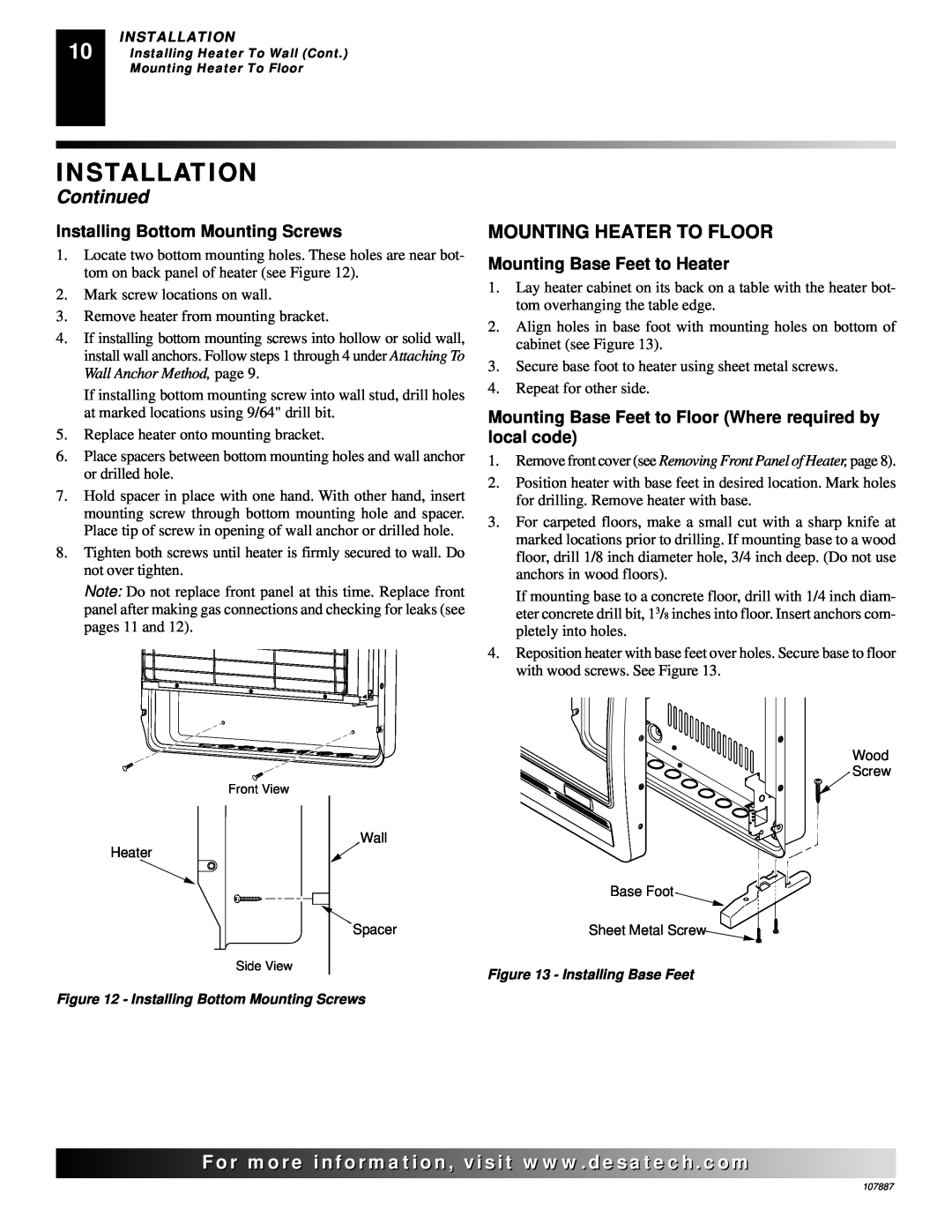 Vanguard Heating VP16IT, VP26T Mounting Heater To Floor, Installing Bottom Mounting Screws, Mounting Base Feet to Heater 