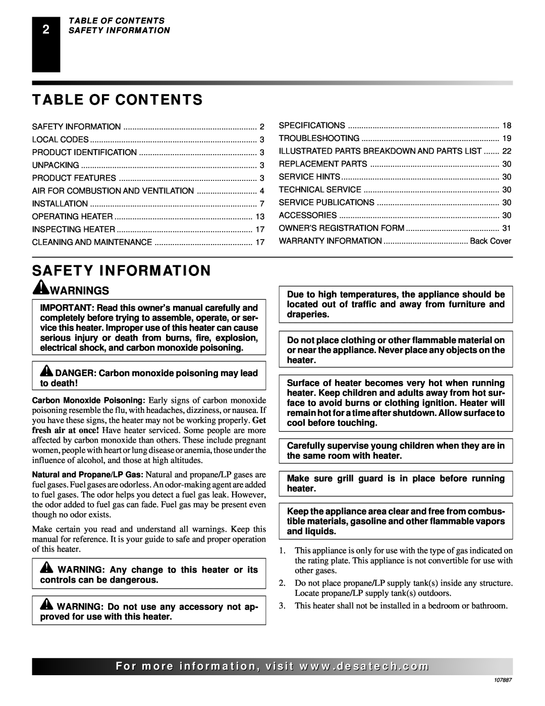 Vanguard Heating VP16T, VP26T, VN30T, VP22IT, VN18T, VN18IT, VP16IT, VN25IT Table Of Contents, Safety Information, Warnings 