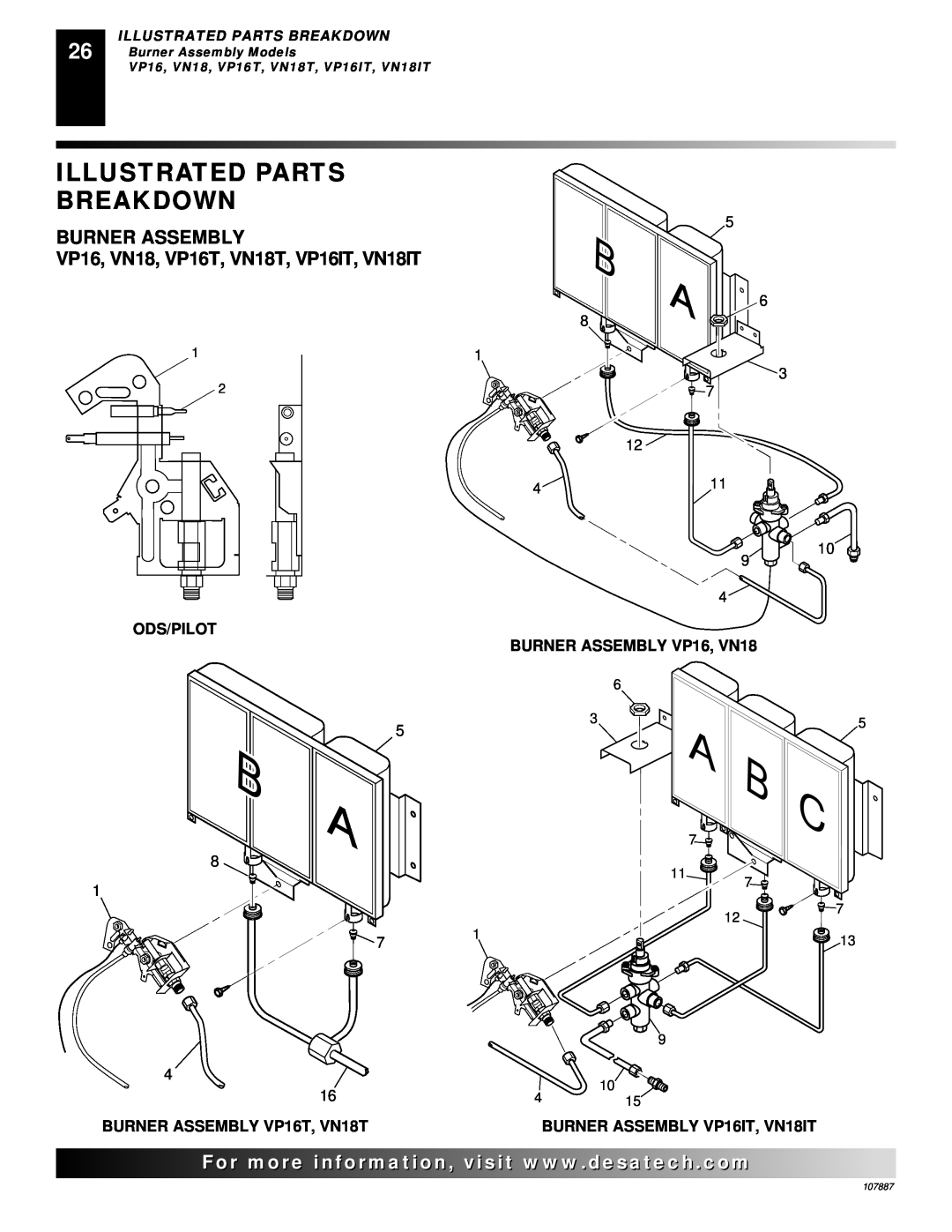 Vanguard Heating Burner Assembly, VP16, VN18, VP16T, VN18T, VP16IT, VN18IT, 5 6 3, Illustrated Parts Breakdown, 107887 