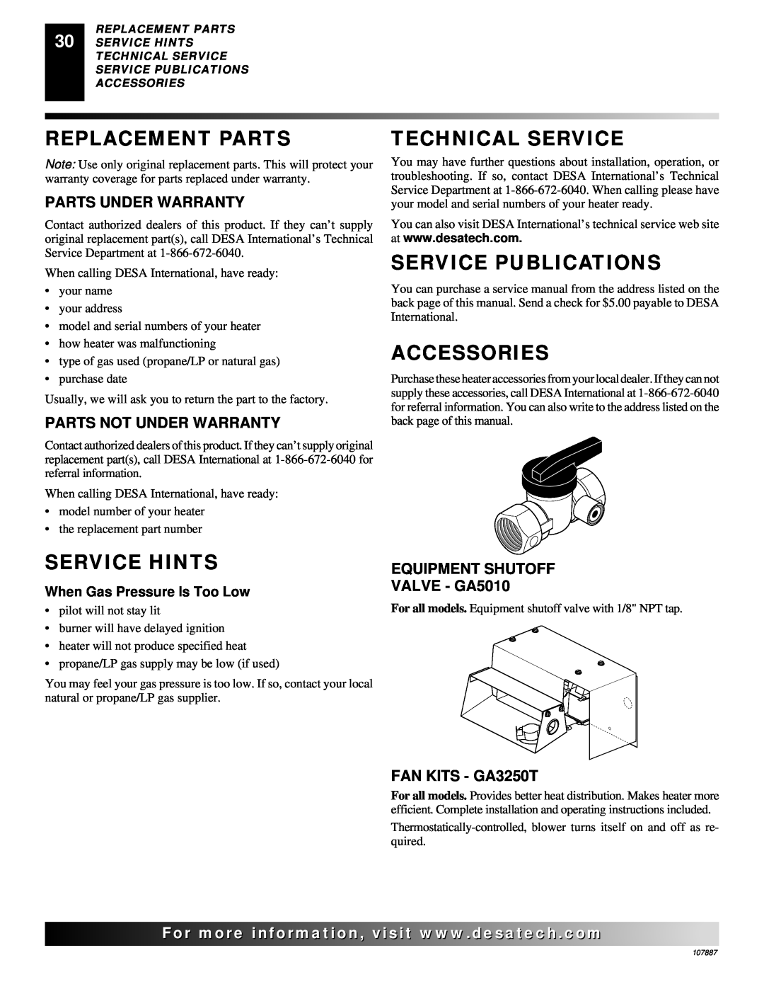 Vanguard Heating VN18T, VP26T, VP16T Replacement Parts, Service Hints, Technical Service, Service Publications, Accessories 