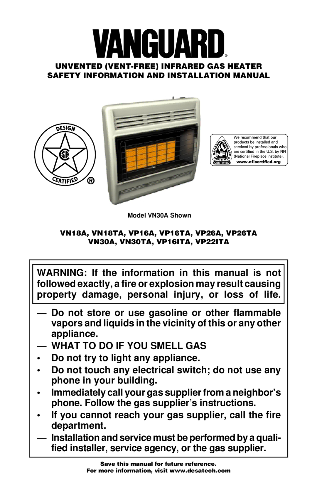 Vanguard Heating VP26A, VP26TA VN30A, VP16A, VP16TA installation manual VN30A, VN30TA, VP16ITA, VP22ITA, Model VN30A Shown 