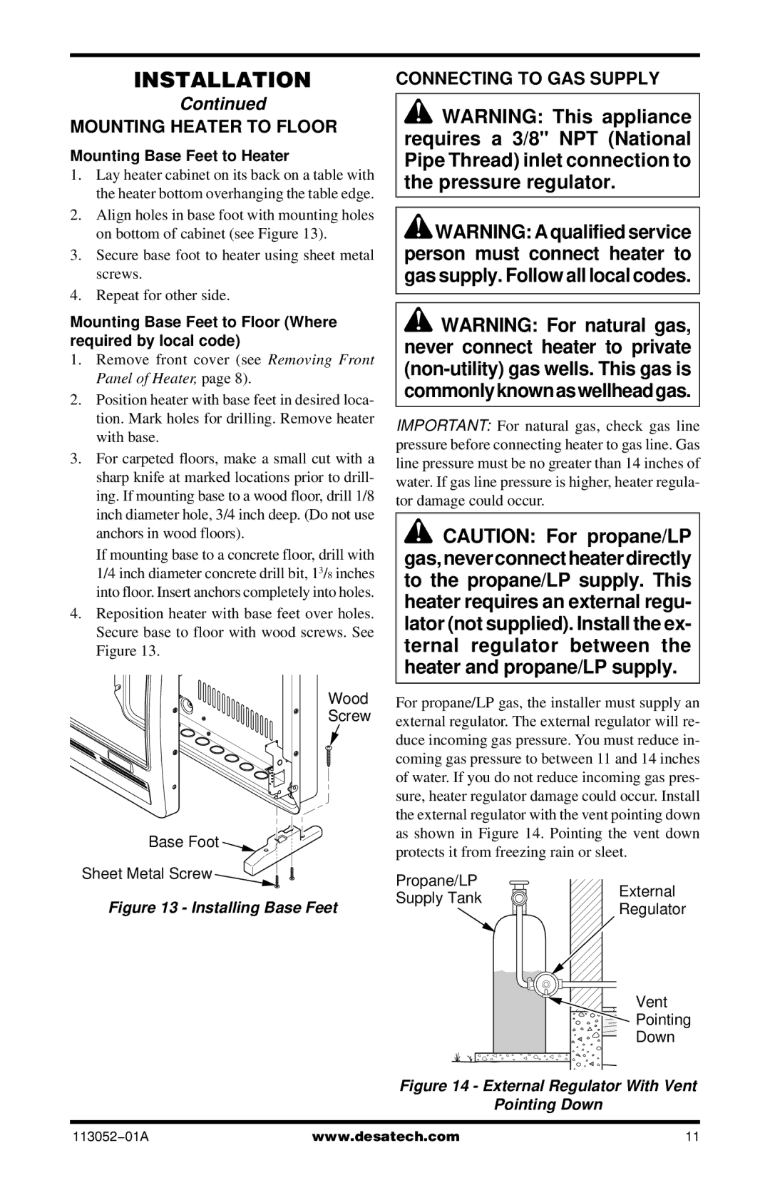 Vanguard Heating VP22ITA, VP26TA VN30A Mounting Heater to Floor, Connecting to GAS Supply, Mounting Base Feet to Heater 