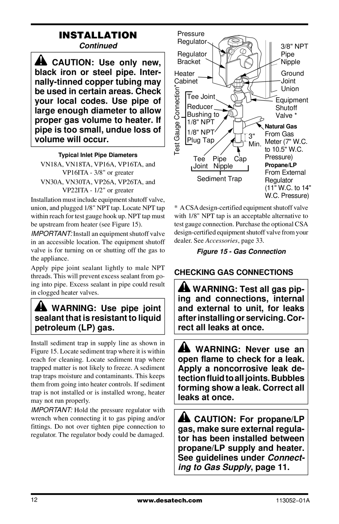 Vanguard Heating VP16A, VP26TA VN30A, VP26A, VP22ITA, VP16ITA, VP16TA, VN30TA, VN18TA Checking GAS Connections, Gas Connection 