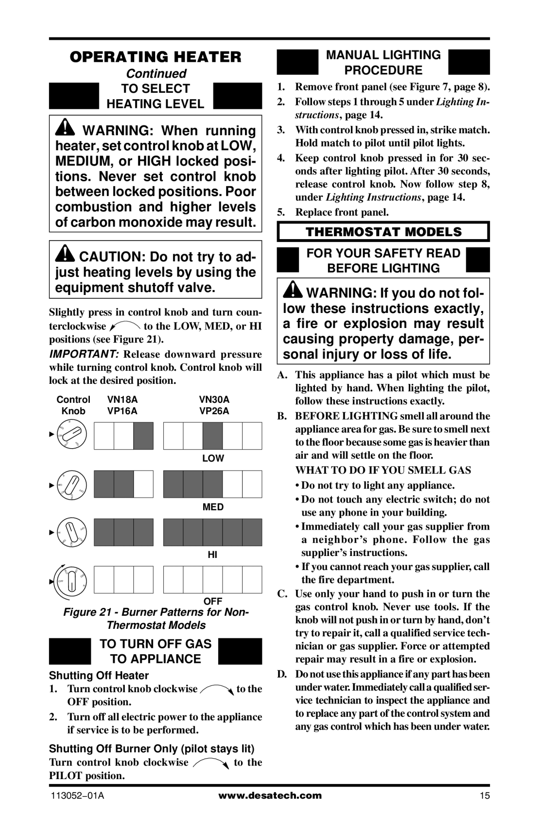 Vanguard Heating VN30TA, VP26TA VN30A To Select Heating Level, To Turn OFF GAS To Appliance, Manual Lighting Procedure 