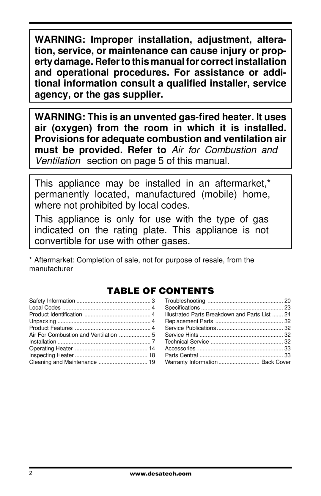 Vanguard Heating VP22ITA, VP26TA VN30A, VP26A, VP16A, VP16ITA, VP16TA, VN30TA, VN18TA installation manual Table of Contents 