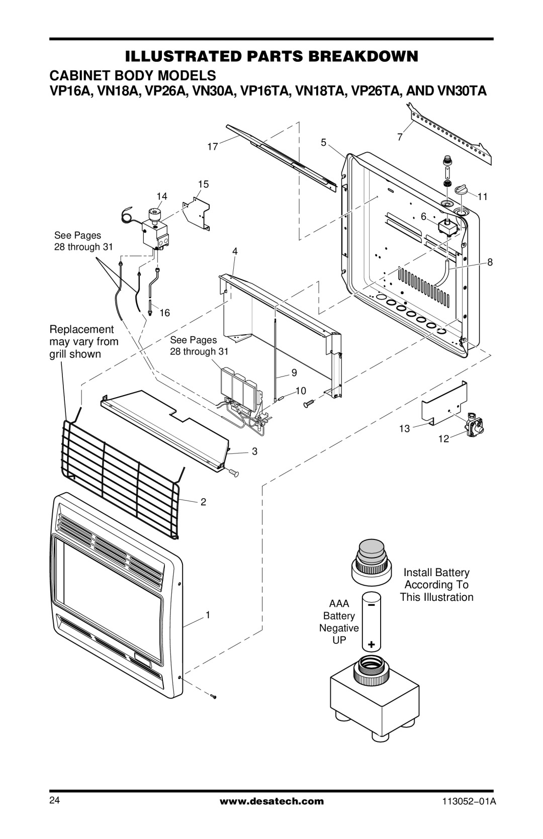 Vanguard Heating VN30TA, VP26TA VN30A, VP26A, VP22ITA, VP16A, VP16ITA, VP16TA Illustrated Parts Breakdown, Cabinet Body Models 