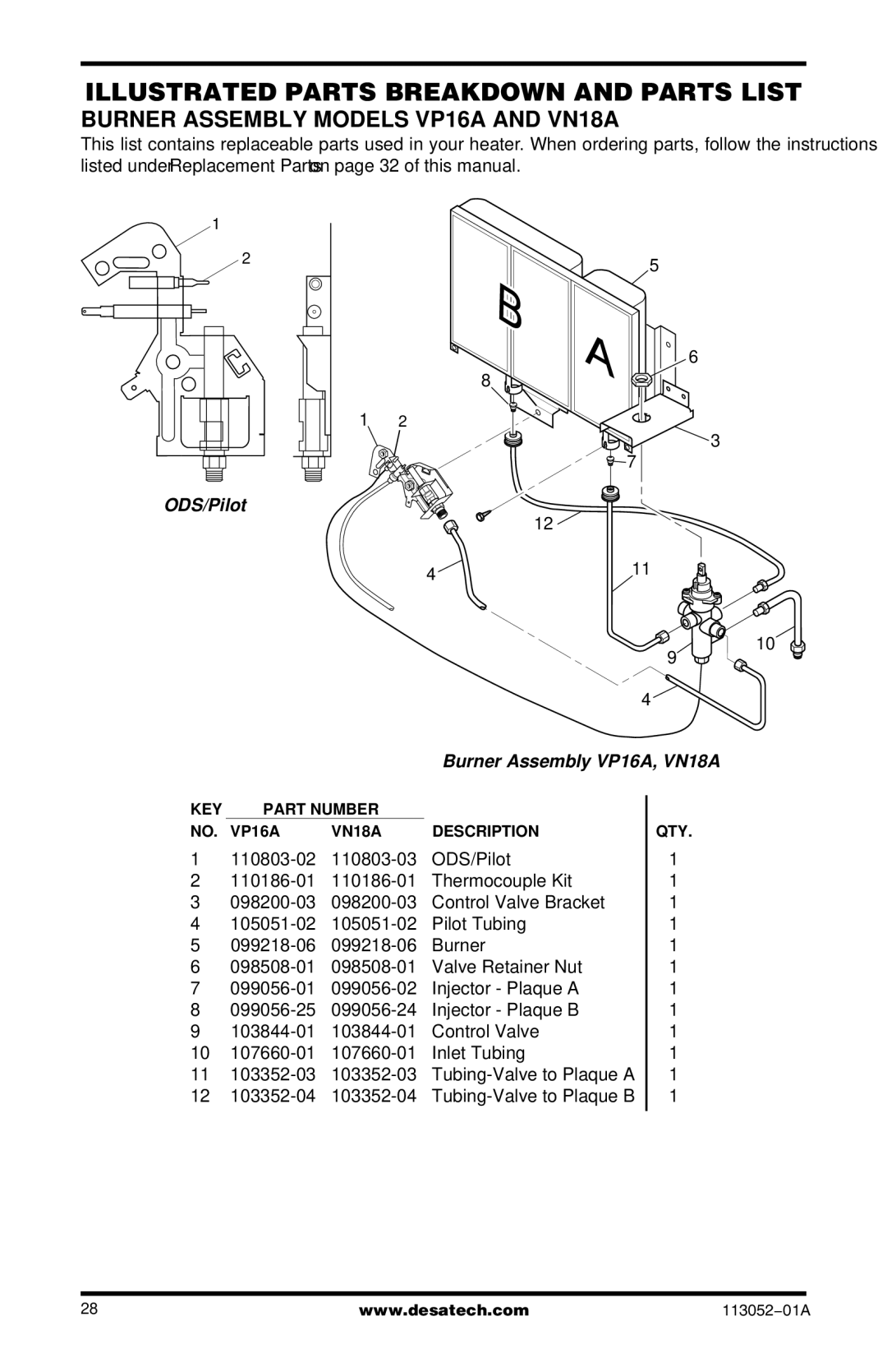 Vanguard Heating VP26A, VP26TA VN30A Illustrated Parts Breakdown and Parts List, Burner Assembly Models VP16A and VN18A 