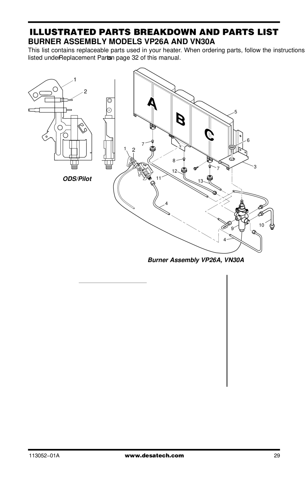 Vanguard Heating VP22ITA, VP26TA VN30A Burner Assembly Models VP26A and VN30A, ODS/Pilot Burner Assembly VP26A, VN30A 