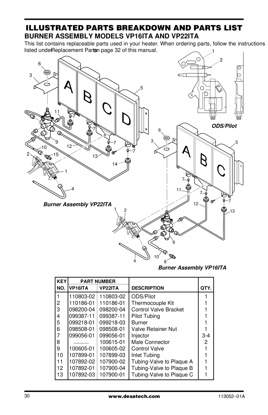 Vanguard Heating VP16A, VP26TA VN30A, VP26A, VP16TA Burner Assembly Models VP16ITA and VP22ITA, Burner Assembly VP16ITA 