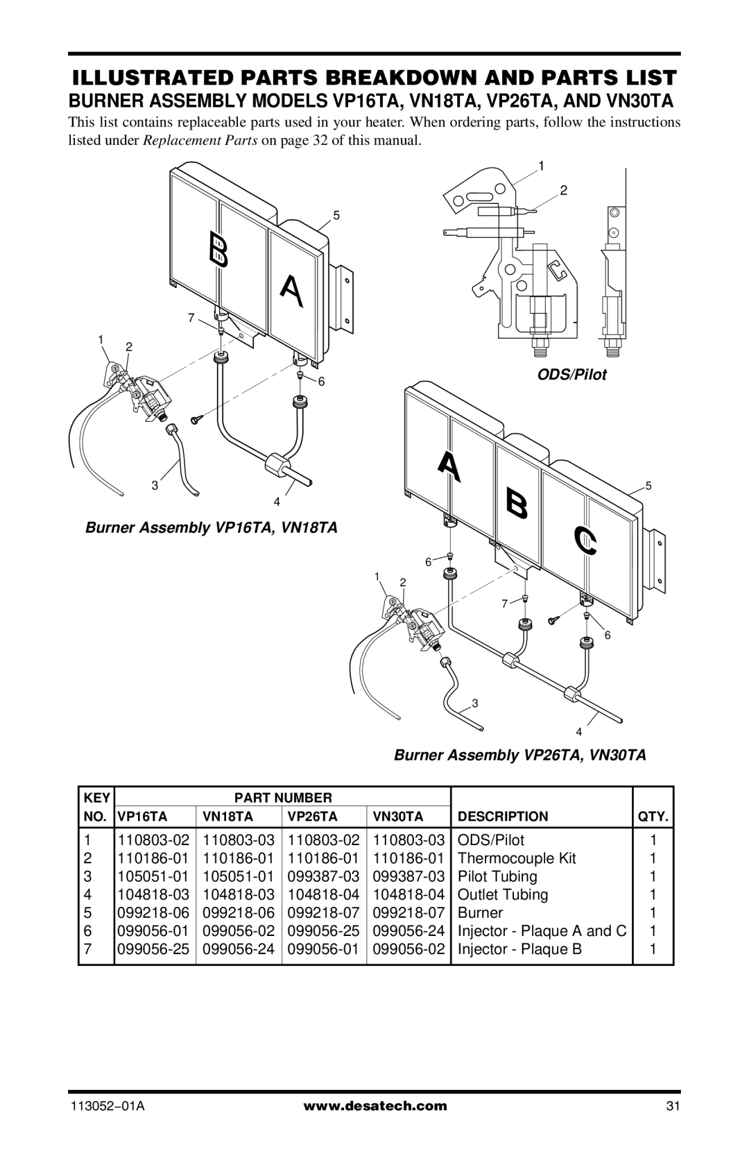 Vanguard Heating VP16ITA, VP26TA VN30A, VP26A, VP22ITA, VP16A Burner Assembly Models VP16TA, VN18TA, VP26TA, and VN30TA 