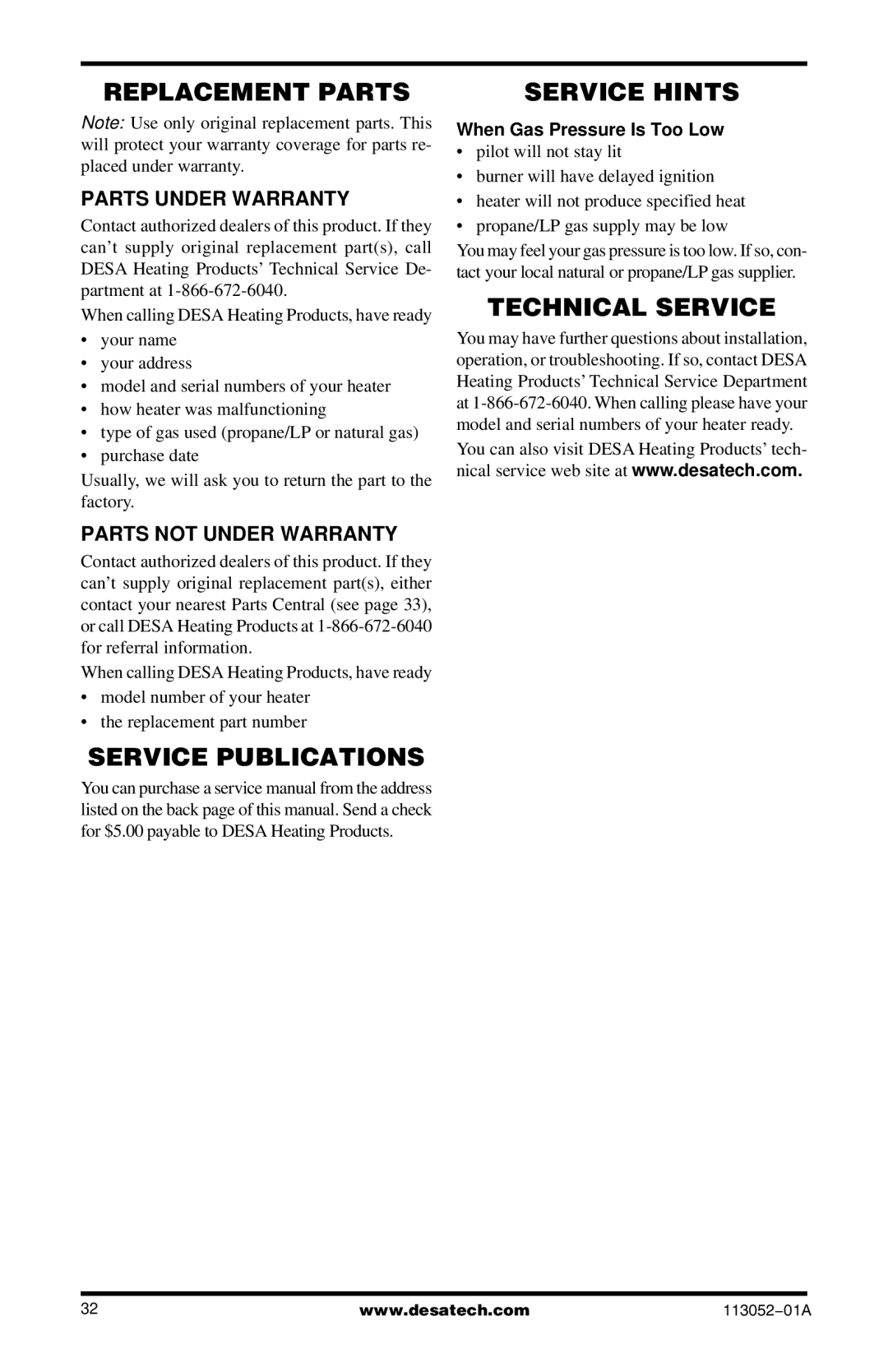 Vanguard Heating VP16TA Replacement Parts, Service Publications Service Hints, Technical Service, Parts Under Warranty 