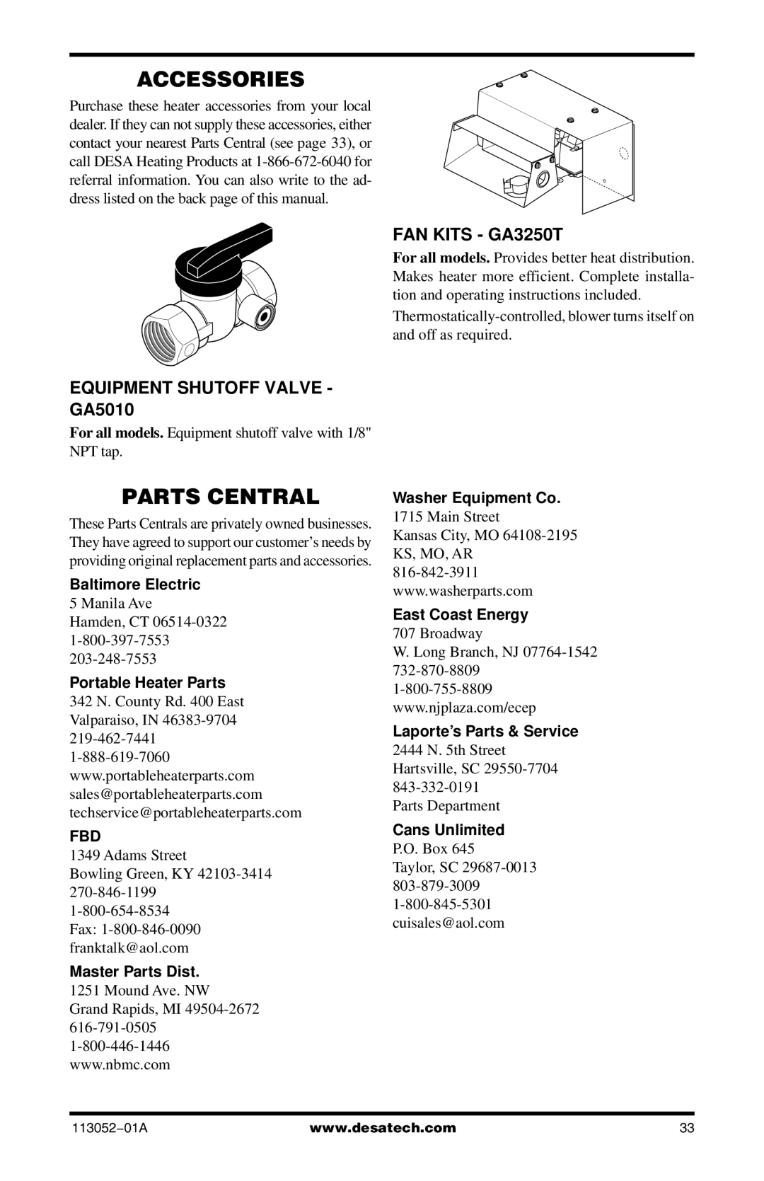 Vanguard Heating VN30TA, VP26TA VN30A, VP26A Accessories, Parts Central, FAN Kits GA3250T, Equipment Shutoff Valve GA5010 