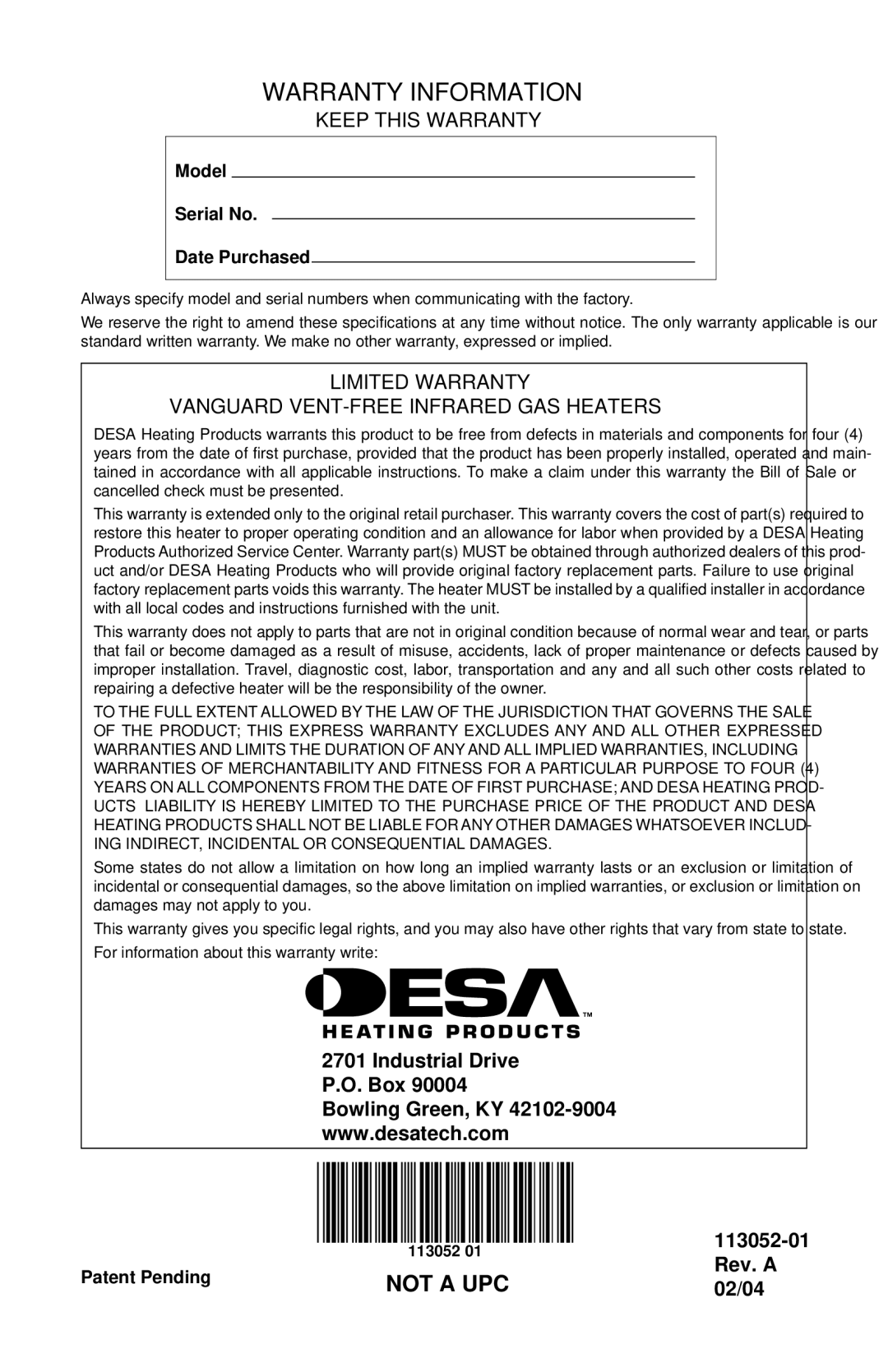 Vanguard Heating VP26TA VN30A, VP26A, VP22ITA, VP16A, VP16ITA, VP16TA, VN30TA, VN18TA Warranty Information, Keep this Warranty 