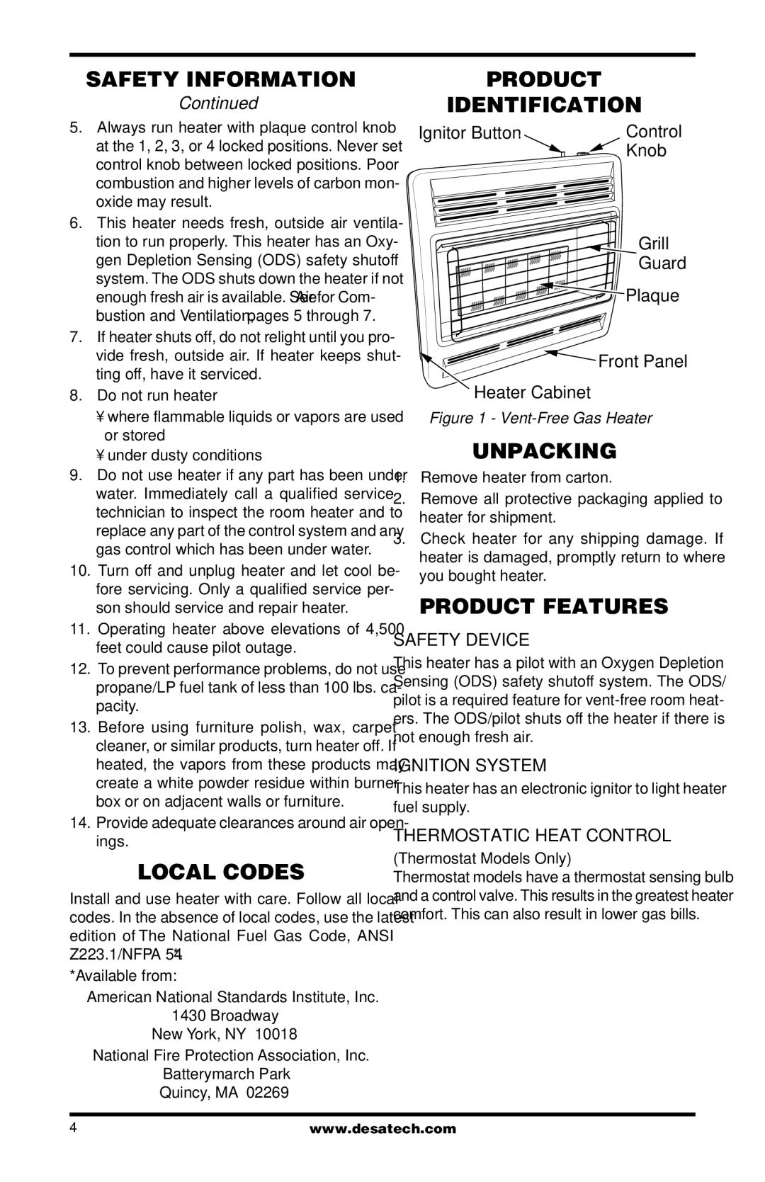 Vanguard Heating VP16ITA, VP26TA VN30A, VP26A, VP22ITA Local Codes, Product Identification, Unpacking, Product Features 