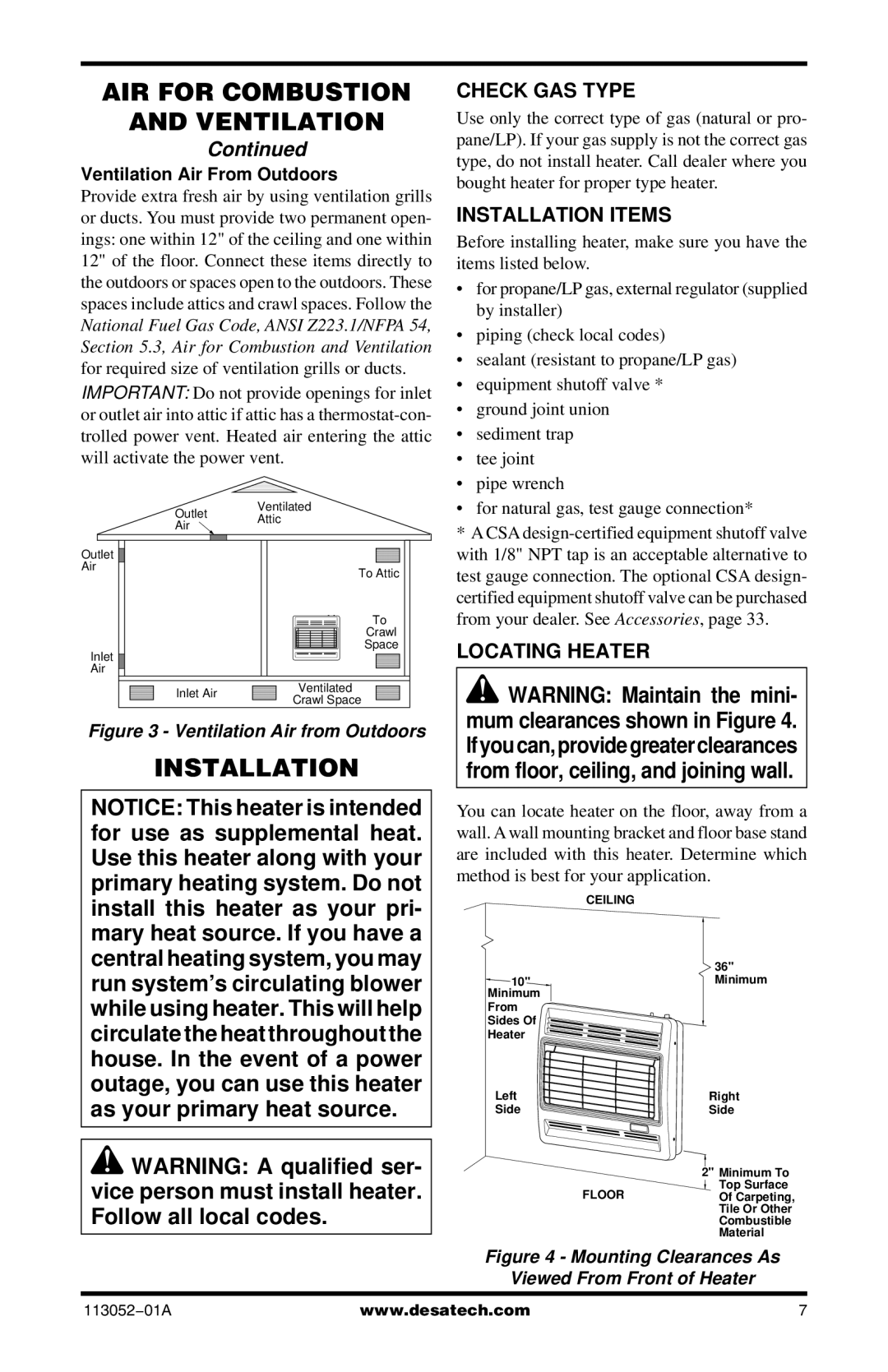 Vanguard Heating VN18TA, VP26A Check GAS Type, Installation Items, Locating Heater, Ventilation Air From Outdoors 