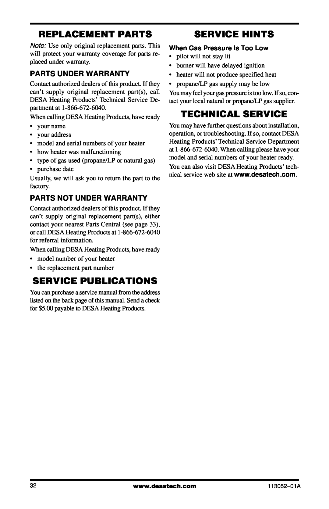 Vanguard Heating VP16TA Replacement Parts, Service Publications, Service Hints, Technical Service, Parts Under Warranty 