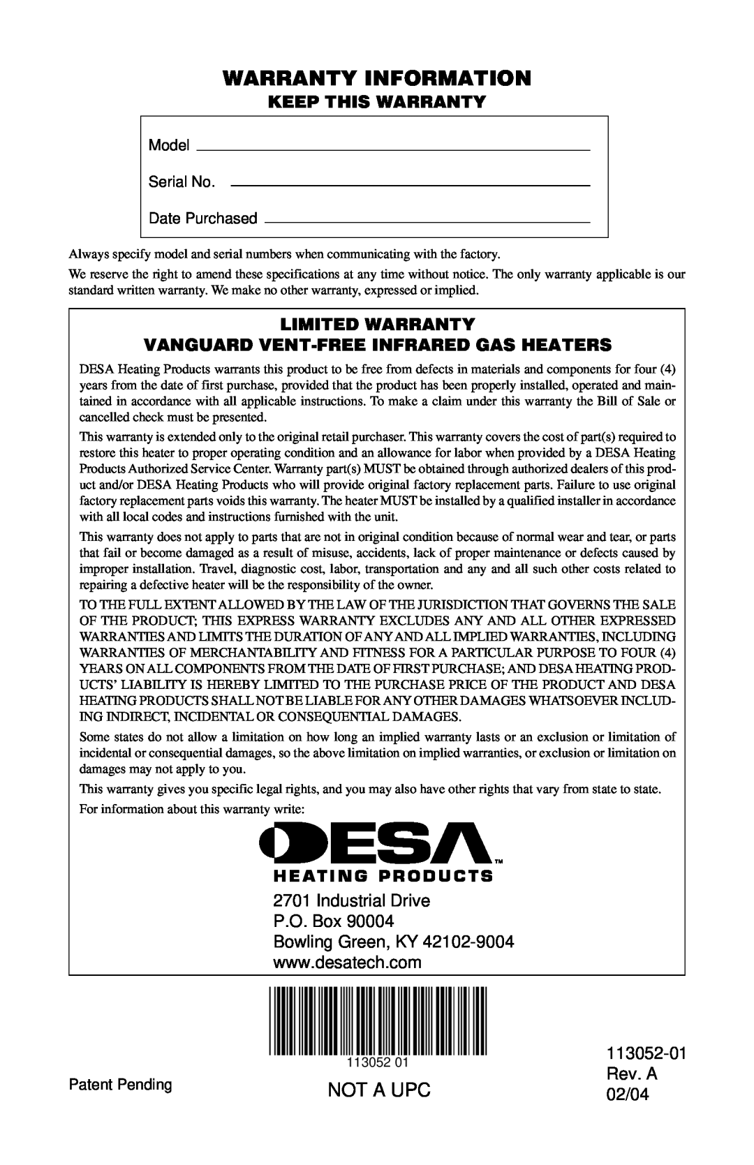 Vanguard Heating VP26TA VN30A Keep This Warranty, Limited Warranty, Vanguard Vent-Freeinfrared Gas Heaters, 113052-01 
